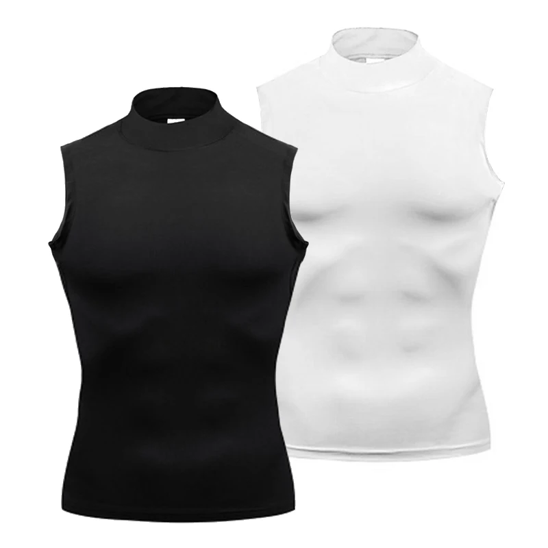 Compression Shirt Men Running Vests Gym Tank Tops Muscle Fitness Clothing Turtleneck Elastic Sports Sleeveless T Shirts