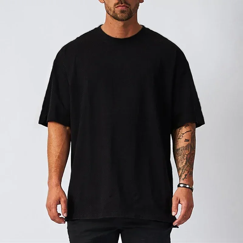 Plain Oversized Loose Mens Casual T-shirts Gym Bodybuilding Fitness Short Sleeves Tops Summer Mesh Breathable Quick Dry Shirts