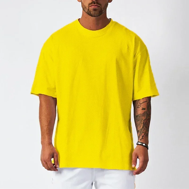 Plain Oversized Loose Mens Casual T-shirts Gym Bodybuilding Fitness Short Sleeves Tops Summer Mesh Breathable Quick Dry Shirts