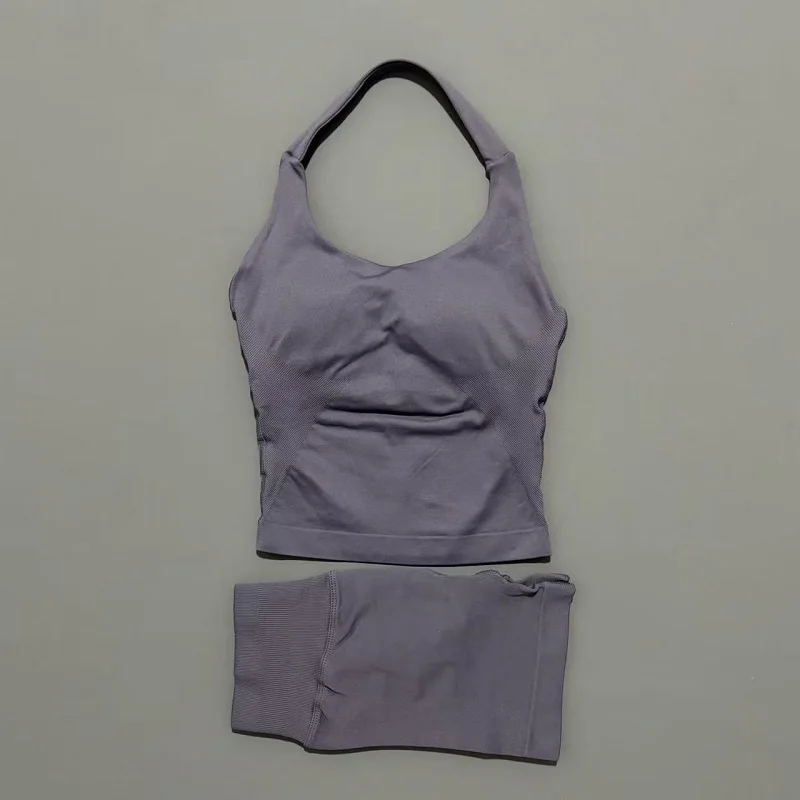 2 Pieces Shorts Yoga Set Women Backless Halter Tops High Waist Seamless Shorts Gym Suit Fitness Sportswear Workout Sets