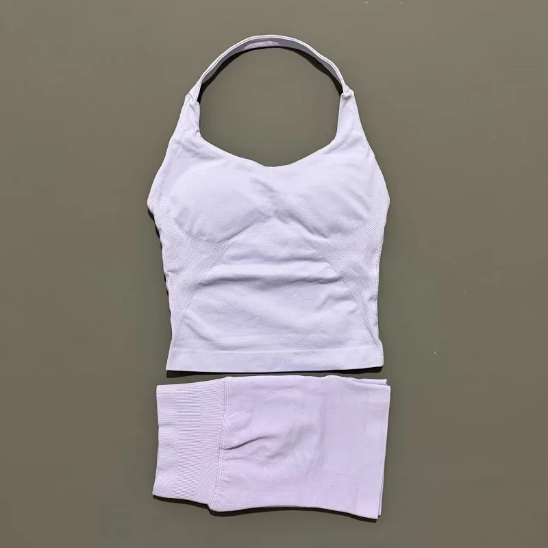 2 Pieces Shorts Yoga Set Women Backless Halter Tops High Waist Seamless Shorts Gym Suit Fitness Sportswear Workout Sets