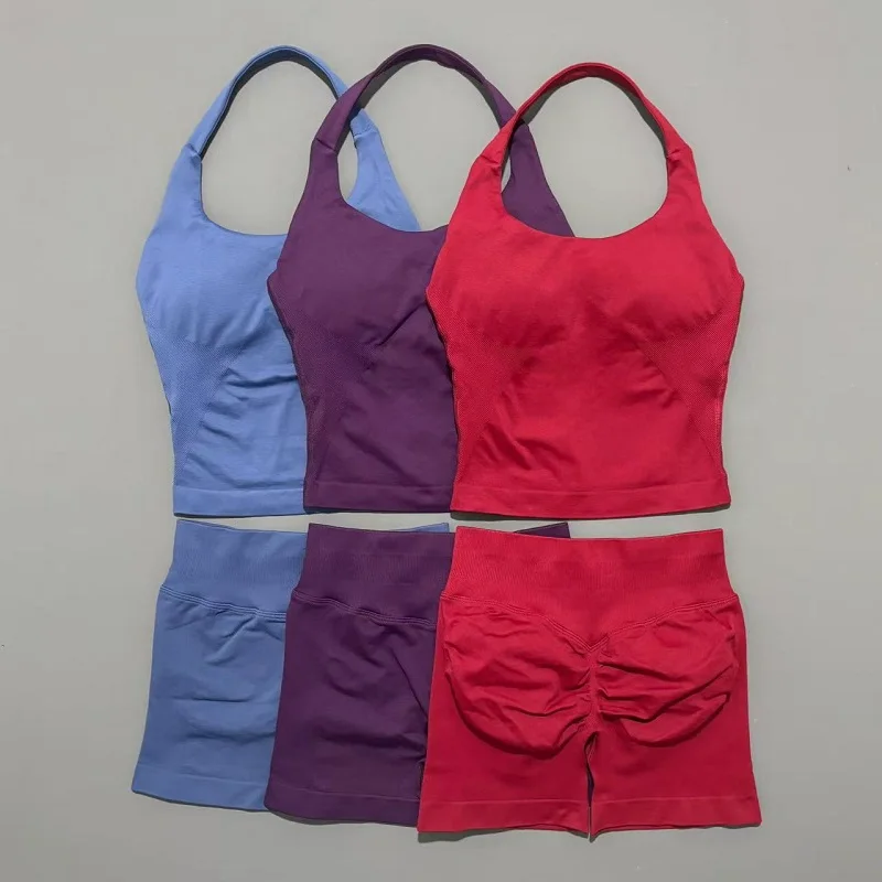 2 Pieces Shorts Yoga Set Women Backless Halter Tops High Waist Seamless Shorts Gym Suit Fitness Sportswear Workout Sets