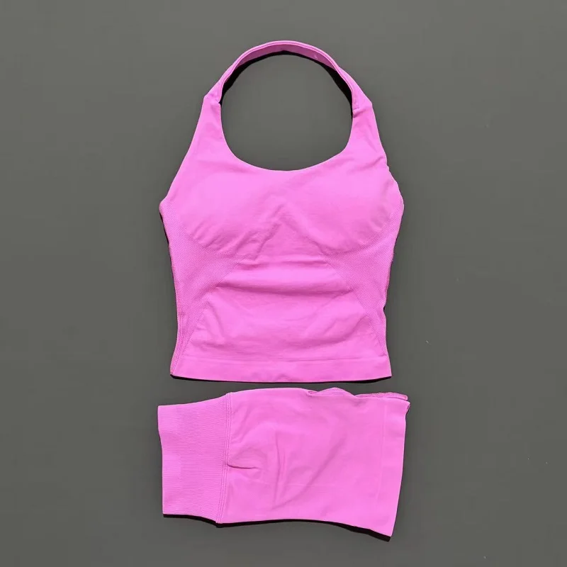 2 Pieces Shorts Yoga Set Women Backless Halter Tops High Waist Seamless Shorts Gym Suit Fitness Sportswear Workout Sets