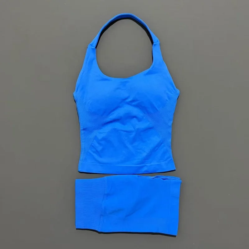 2 Pieces Shorts Yoga Set Women Backless Halter Tops High Waist Seamless Shorts Gym Suit Fitness Sportswear Workout Sets