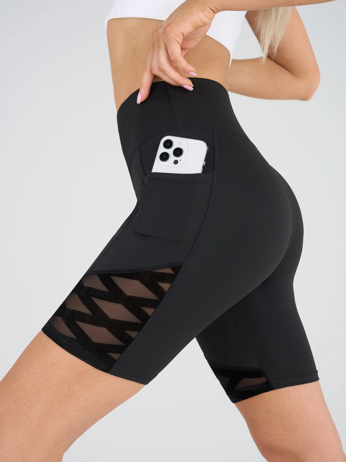 Geometric Mesh Pocket High Waist Yoga Shorts, Women Compression Workout Gym Fitness Biker Shorts