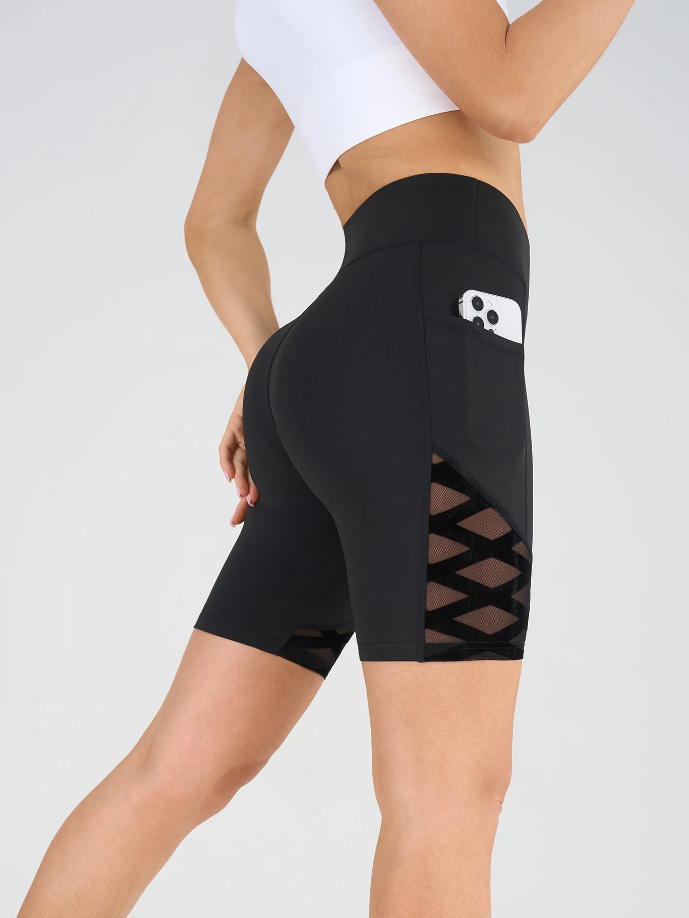 Geometric Mesh Pocket High Waist Yoga Shorts, Women Compression Workout Gym Fitness Biker Shorts