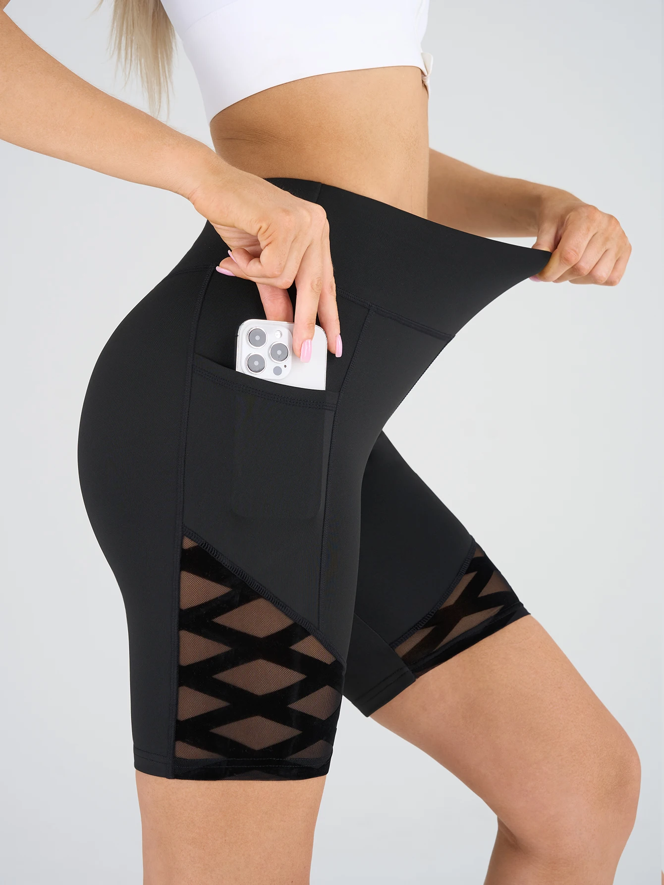 Geometric Mesh Pocket High Waist Yoga Shorts, Women Compression Workout Gym Fitness Biker Shorts