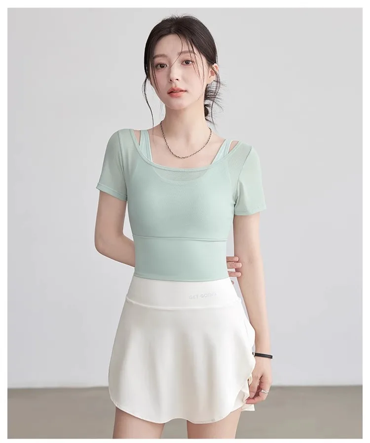 Fake Two-piece Pure Lust Style Yoga Short-sleeved Women Tight-fitting Slimming Sports Top with Chest Pad Pilates Fitness Summer