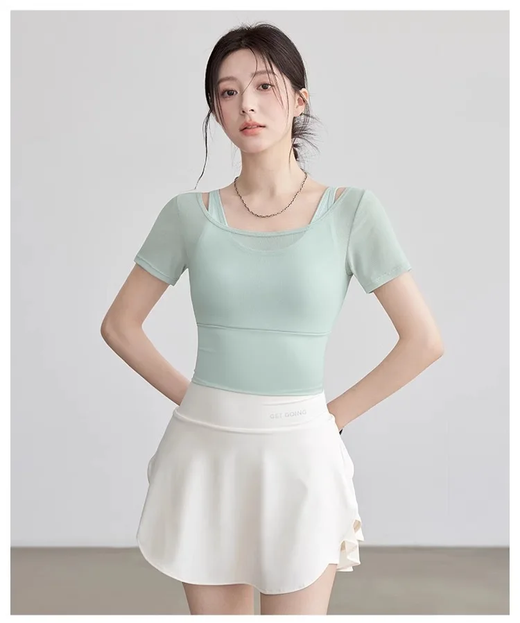 Fake Two-piece Pure Lust Style Yoga Short-sleeved Women Tight-fitting Slimming Sports Top with Chest Pad Pilates Fitness Summer