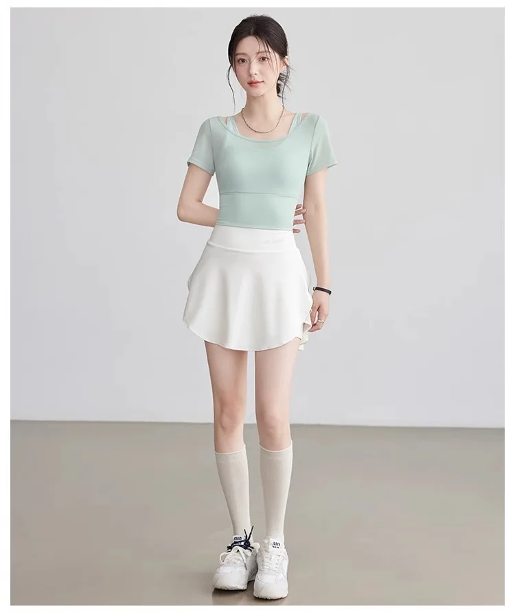 Fake Two-piece Pure Lust Style Yoga Short-sleeved Women Tight-fitting Slimming Sports Top with Chest Pad Pilates Fitness Summer