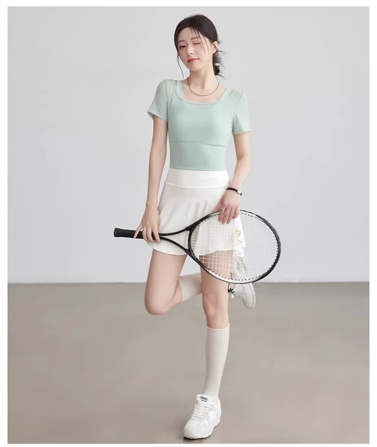 Fake Two-piece Pure Lust Style Yoga Short-sleeved Women Tight-fitting Slimming Sports Top with Chest Pad Pilates Fitness Summer
