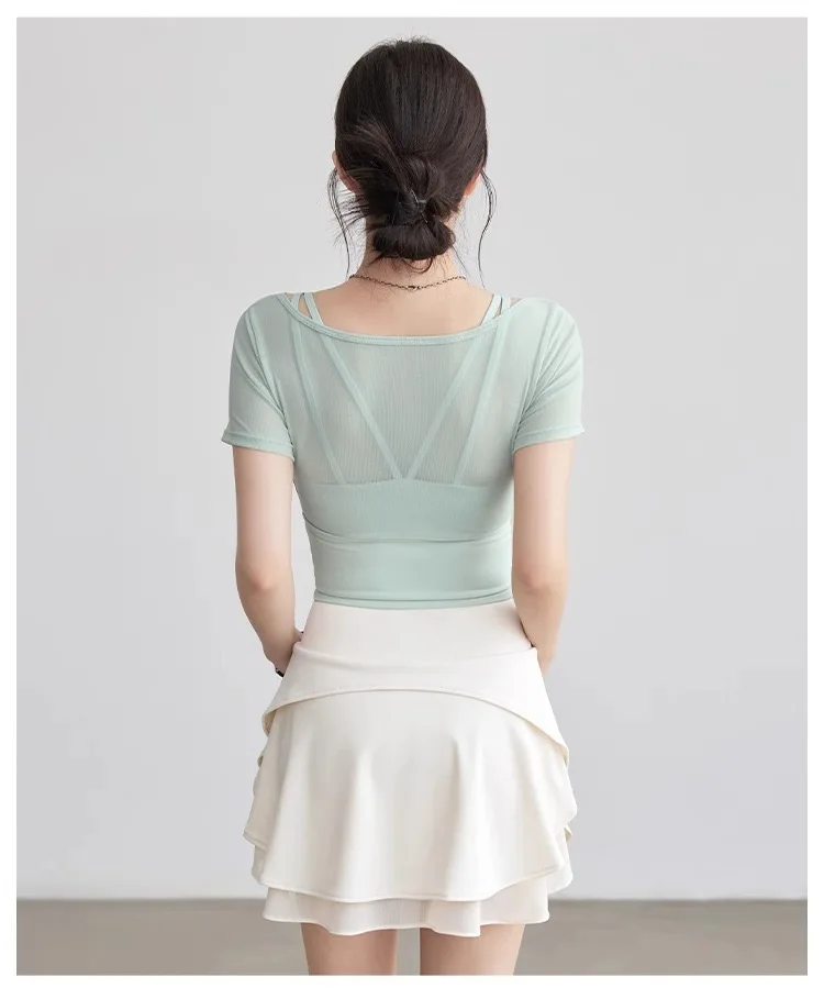 Fake Two-piece Pure Lust Style Yoga Short-sleeved Women Tight-fitting Slimming Sports Top with Chest Pad Pilates Fitness Summer
