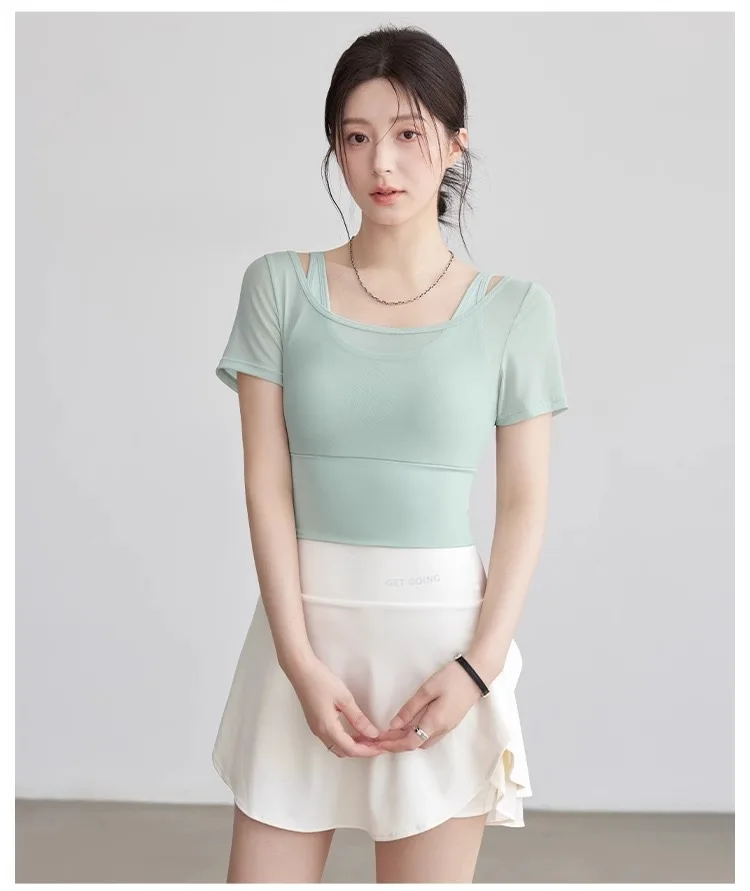 Fake Two-piece Pure Lust Style Yoga Short-sleeved Women Tight-fitting Slimming Sports Top with Chest Pad Pilates Fitness Summer