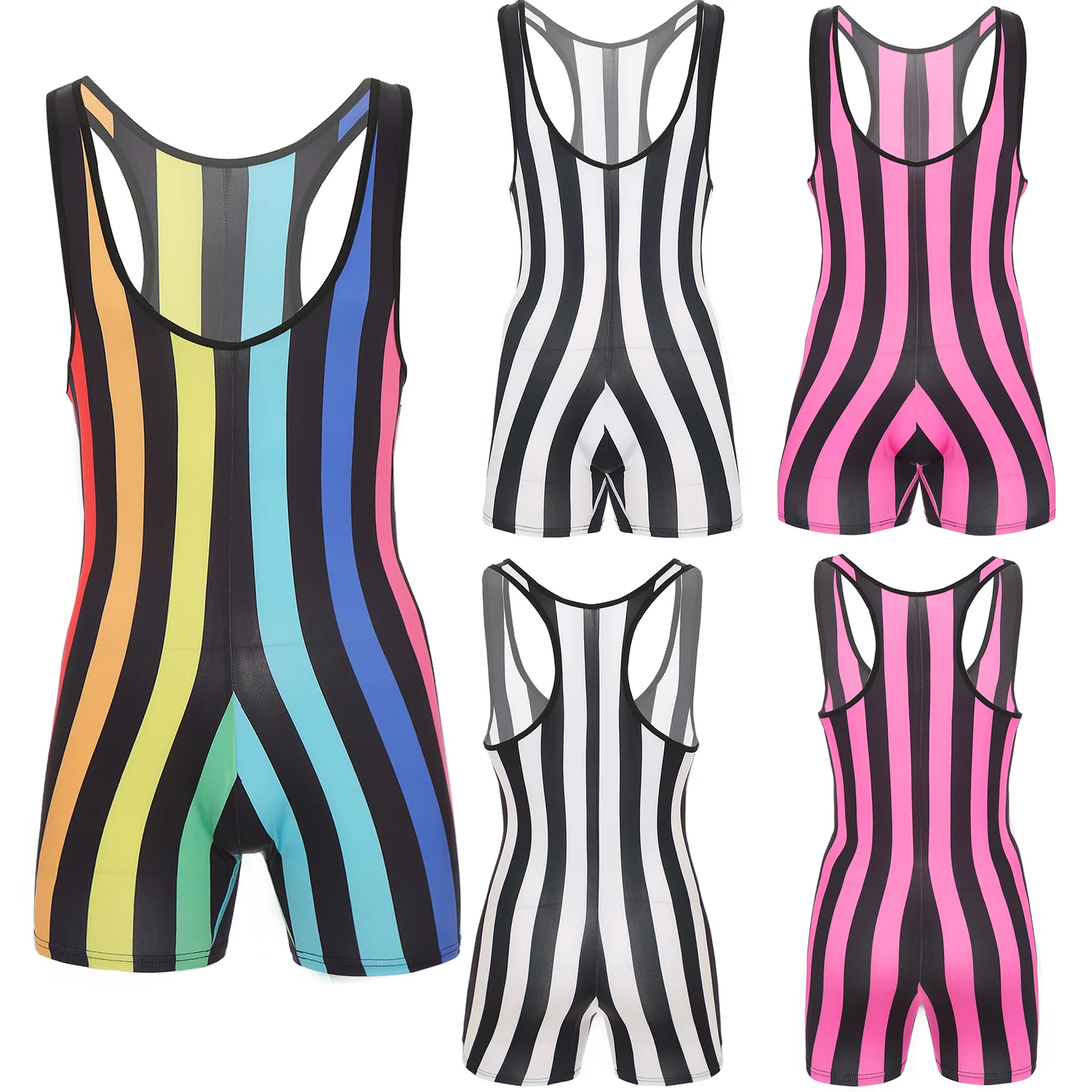 Mens Swim Bodysuit Striped Leotard Wrestling Singlet One Piece Swimsuit Beachwear Boxer Shorts Rompers Bodybuilding Shapewear