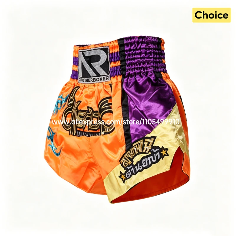 Embroidery Muay Thai Boxing Shorts Satin Elastic Waist Fight Trunks for Men Women Kids Kickboxing Martial Arts Training Sparring