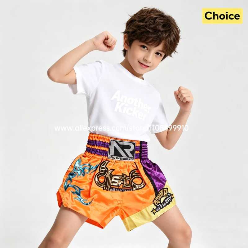 Embroidery Muay Thai Boxing Shorts Satin Elastic Waist Fight Trunks for Men Women Kids Kickboxing Martial Arts Training Sparring