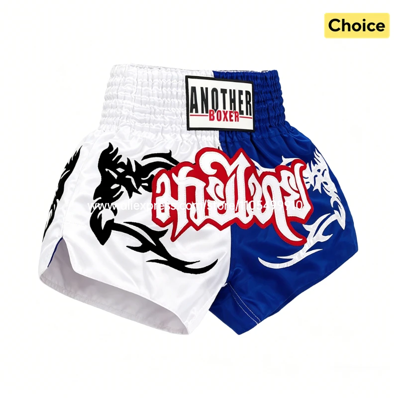 Embroidery Muay Thai Boxing Shorts Satin Elastic Waist Fight Trunks for Men Women Kids Kickboxing Martial Arts Training Sparring