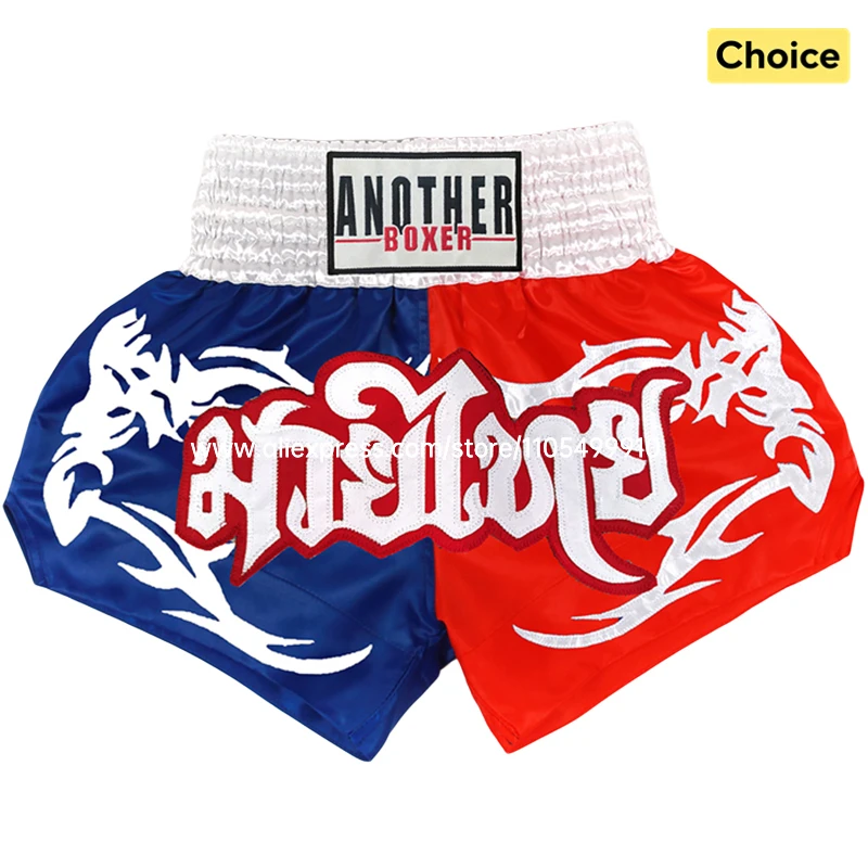 Embroidery Muay Thai Boxing Shorts Satin Elastic Waist Fight Trunks for Men Women Kids Kickboxing Martial Arts Training Sparring