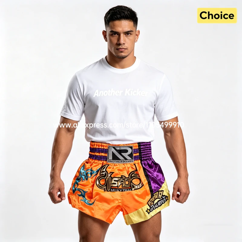 Embroidery Muay Thai Boxing Shorts Satin Elastic Waist Fight Trunks for Men Women Kids Kickboxing Martial Arts Training Sparring