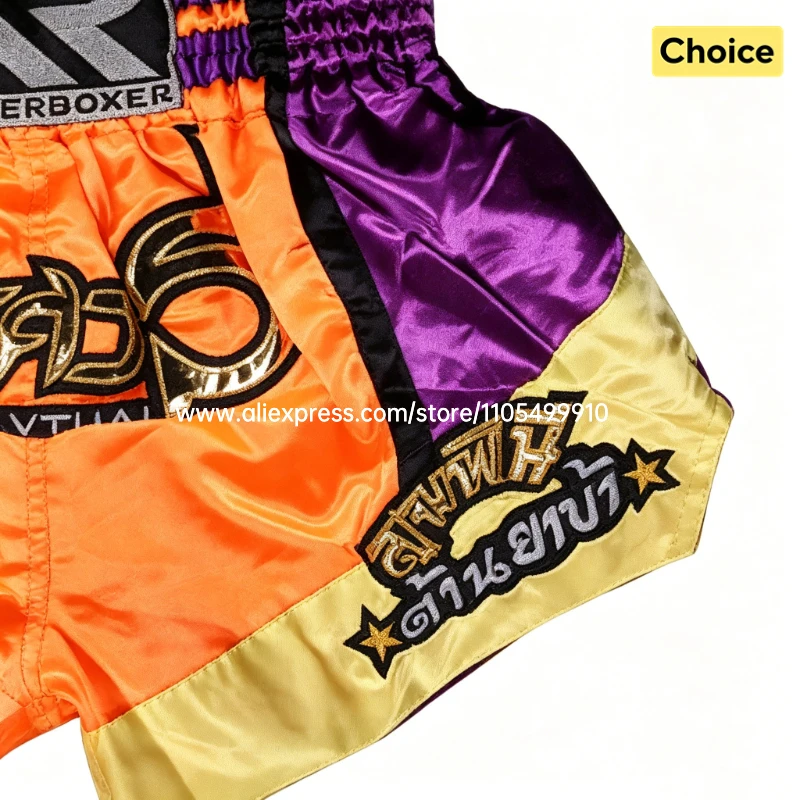 Embroidery Muay Thai Boxing Shorts Satin Elastic Waist Fight Trunks for Men Women Kids Kickboxing Martial Arts Training Sparring