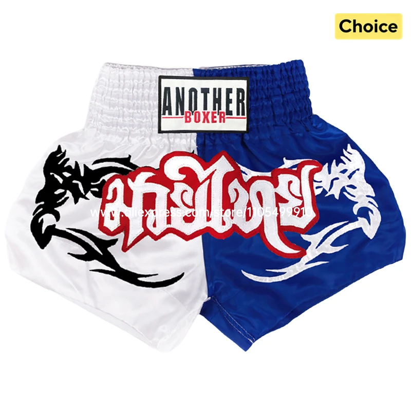 Embroidery Muay Thai Boxing Shorts Satin Elastic Waist Fight Trunks for Men Women Kids Kickboxing Martial Arts Training Sparring