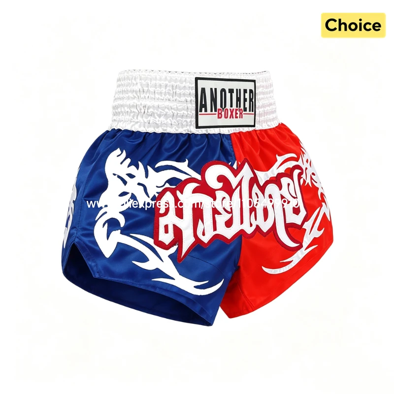 Embroidery Muay Thai Boxing Shorts Satin Elastic Waist Fight Trunks for Men Women Kids Kickboxing Martial Arts Training Sparring