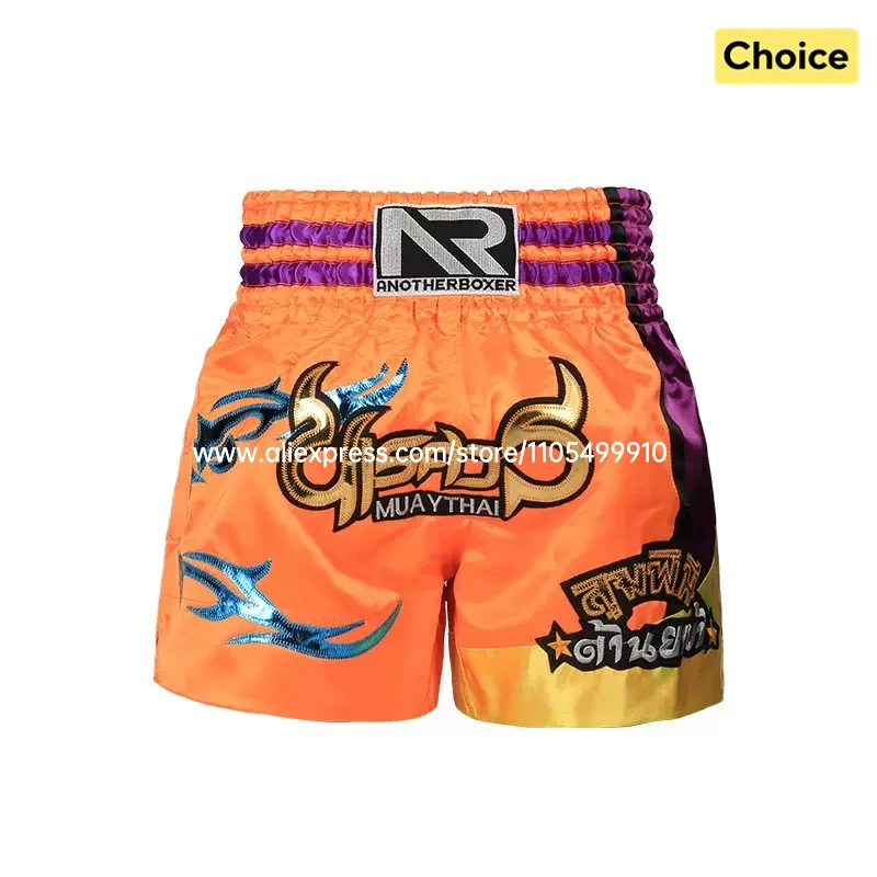 Embroidery Muay Thai Boxing Shorts Satin Elastic Waist Fight Trunks for Men Women Kids Kickboxing Martial Arts Training Sparring