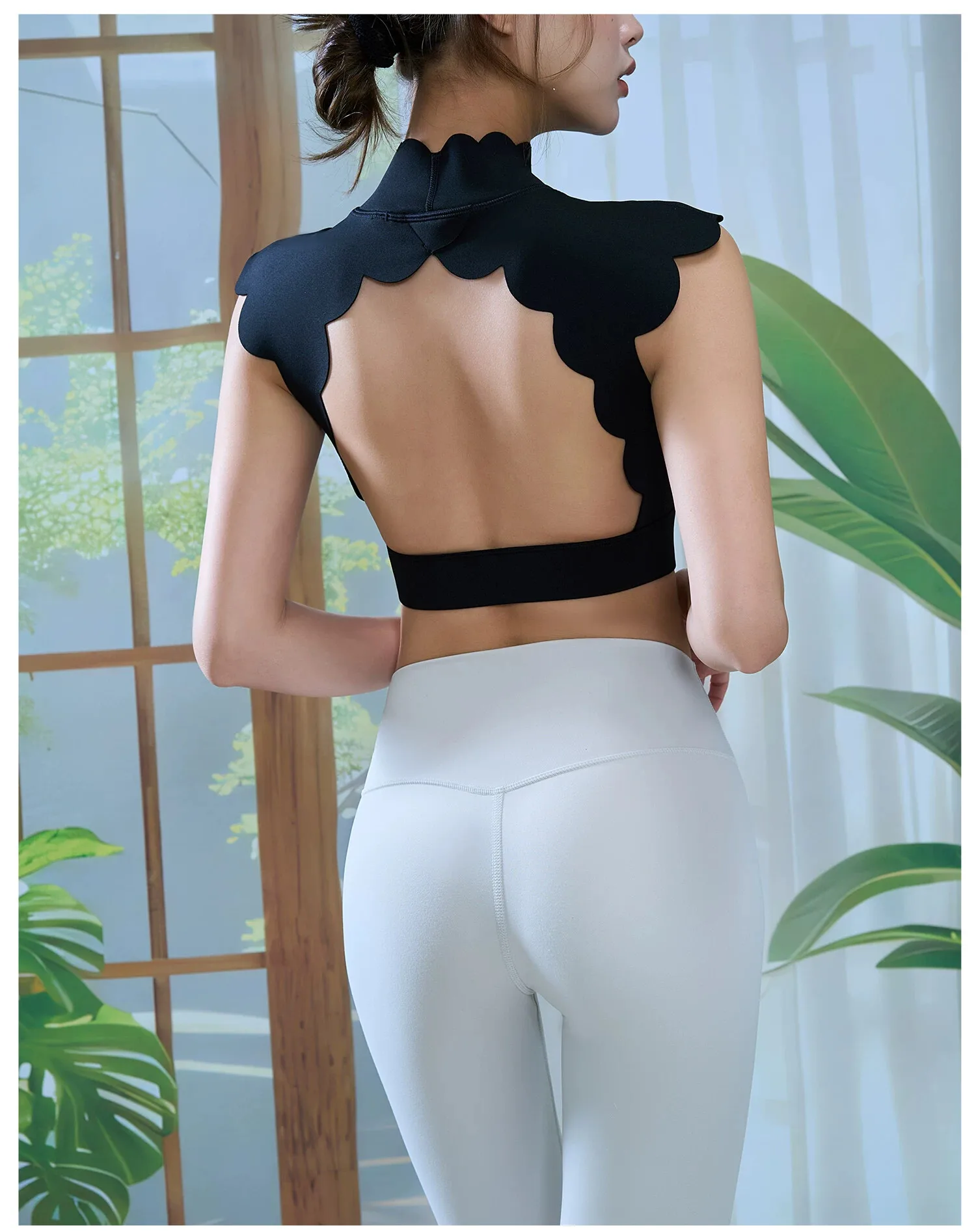 Women Scallop Edge Mock Neck Open Back Sports Bra Padded Naked Feel Breathable Crop Top Fitness Running Yoga Athletic Top
