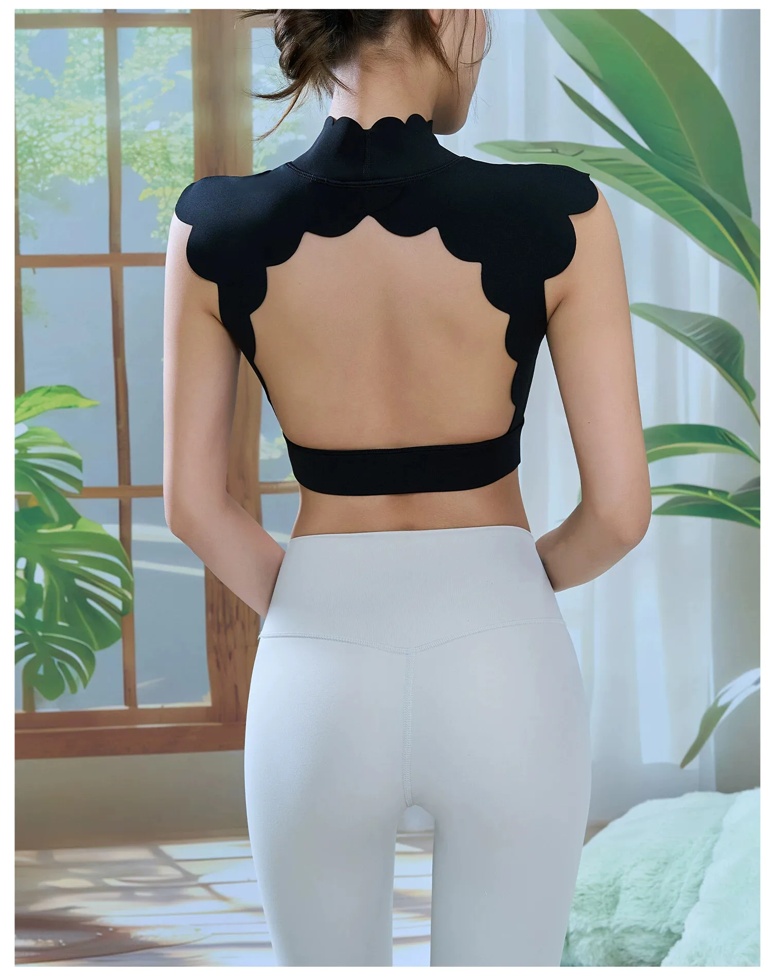 Women Scallop Edge Mock Neck Open Back Sports Bra Padded Naked Feel Breathable Crop Top Fitness Running Yoga Athletic Top