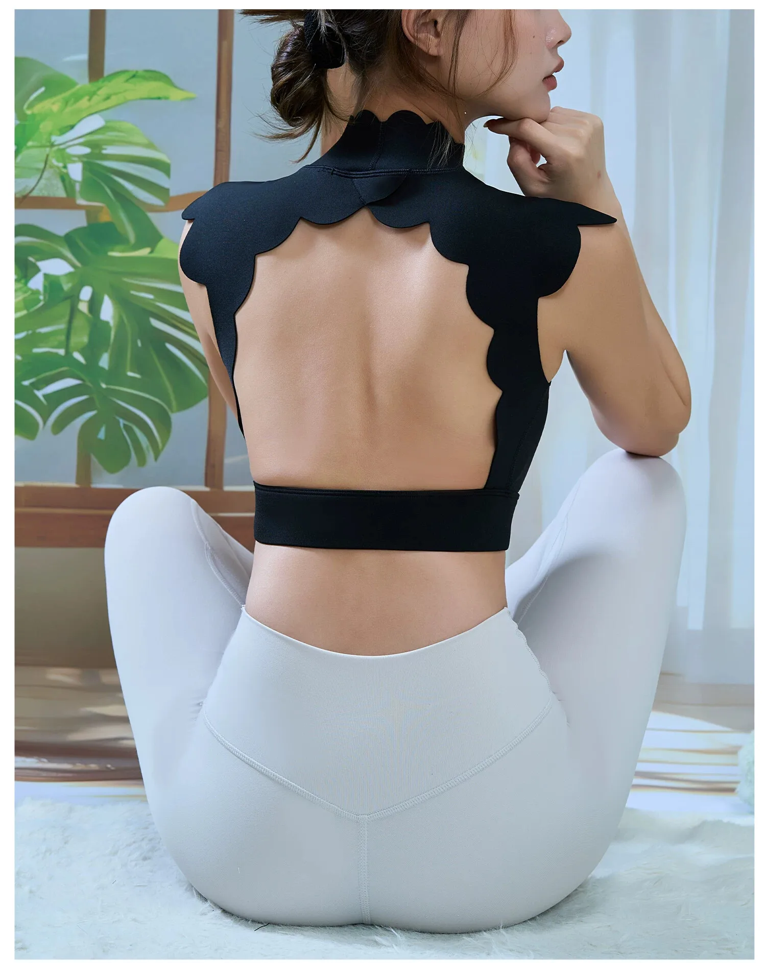 Women Scallop Edge Mock Neck Open Back Sports Bra Padded Naked Feel Breathable Crop Top Fitness Running Yoga Athletic Top