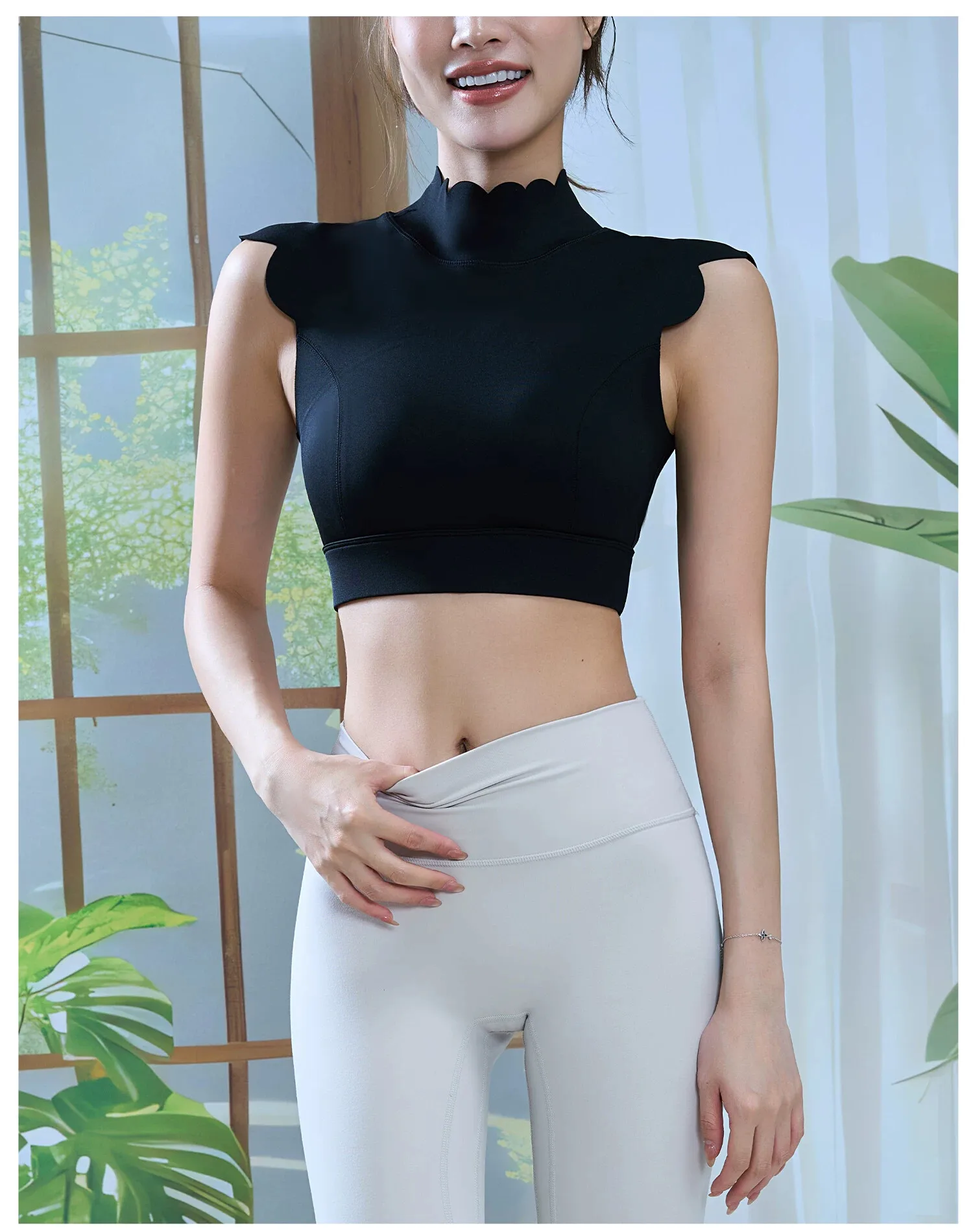 Women Scallop Edge Mock Neck Open Back Sports Bra Padded Naked Feel Breathable Crop Top Fitness Running Yoga Athletic Top