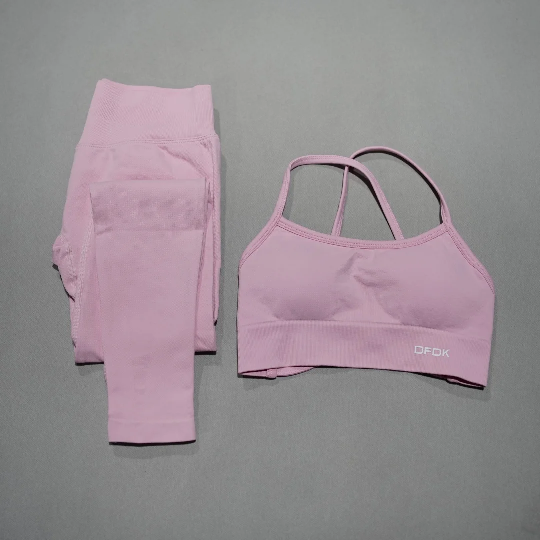 DFDK High Waist Stretch Leggings Set, Seamless Tie Back Sports Top, 2Pcs Workout Suit for Outdoor Fitness Running