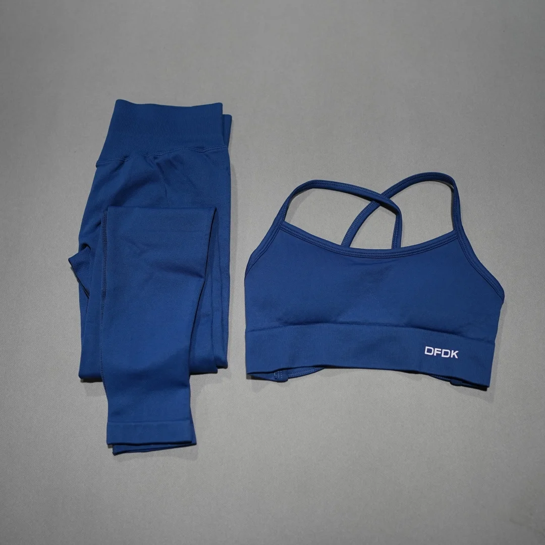 DFDK High Waist Stretch Leggings Set, Seamless Tie Back Sports Top, 2Pcs Workout Suit for Outdoor Fitness Running