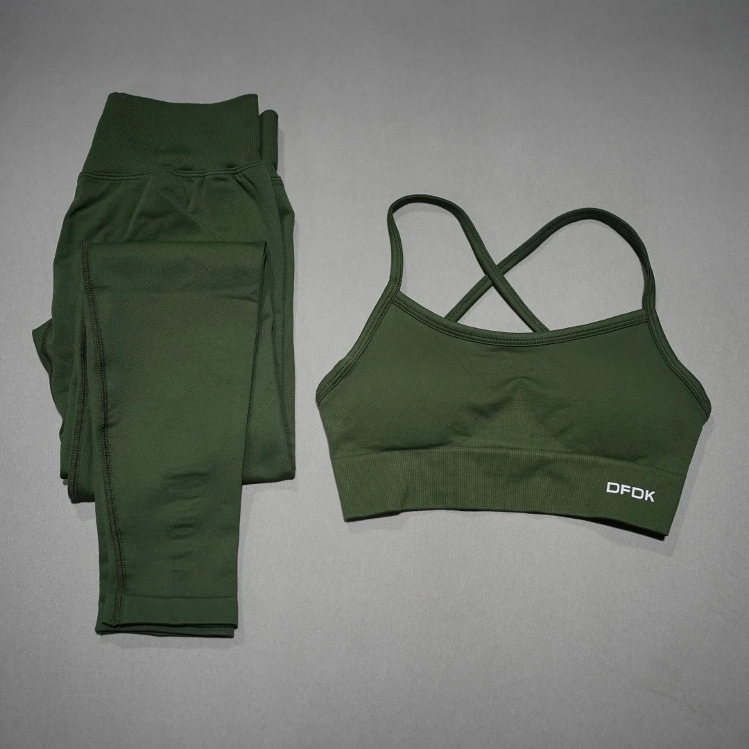 DFDK High Waist Stretch Leggings Set, Seamless Tie Back Sports Top, 2Pcs Workout Suit for Outdoor Fitness Running