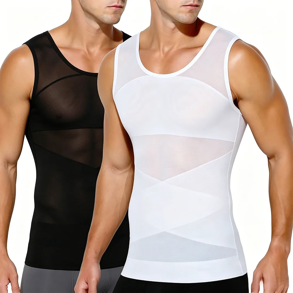 Sleeveless Body Shaper Vest for Men, Mesh Invisible Cross Compression Undershirt,Tummy Control Slimming Shapewear for Beer Belly
