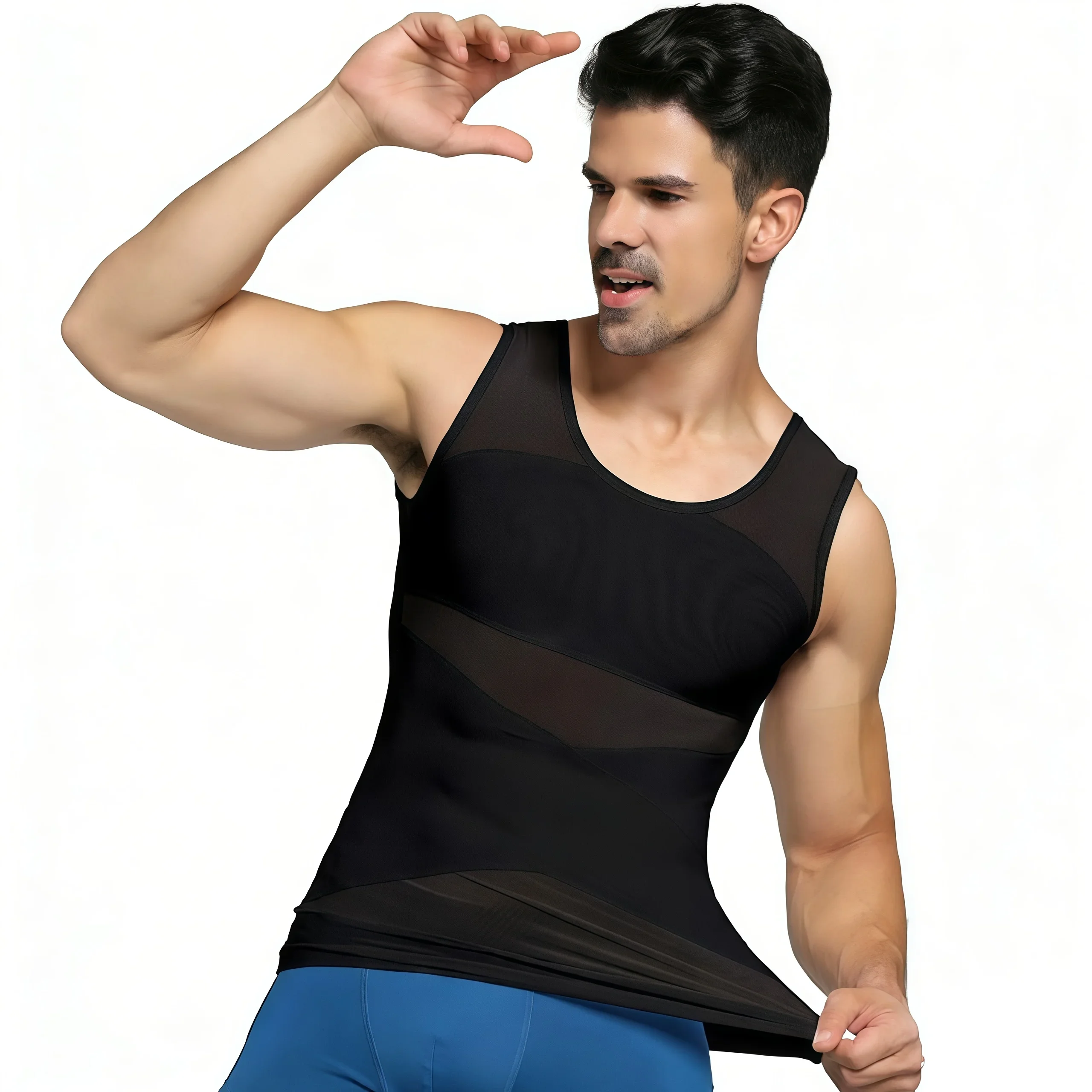 Sleeveless Body Shaper Vest for Men, Mesh Invisible Cross Compression Undershirt,Tummy Control Slimming Shapewear for Beer Belly