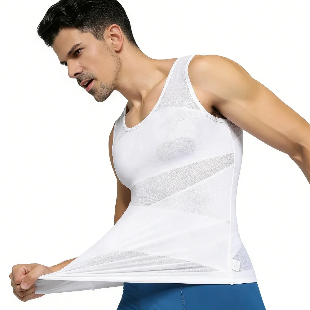 Sleeveless Body Shaper Vest for Men, Mesh Invisible Cross Compression Undershirt,Tummy Control Slimming Shapewear for Beer Belly