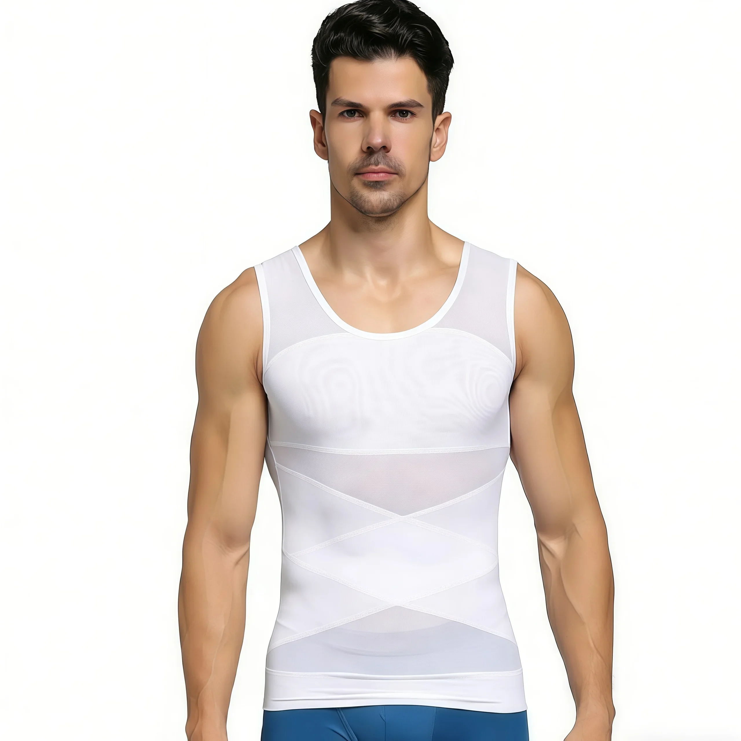 Sleeveless Body Shaper Vest for Men, Mesh Invisible Cross Compression Undershirt,Tummy Control Slimming Shapewear for Beer Belly