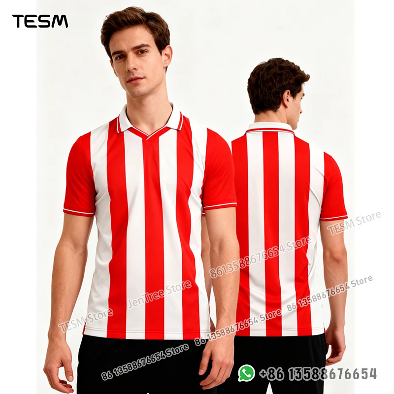 Men Retro Blue Striped Polo Shirt 3D Print Short Sleeve Sports Jersey Streetwear Fashion Casual Soccer Training T Shirts