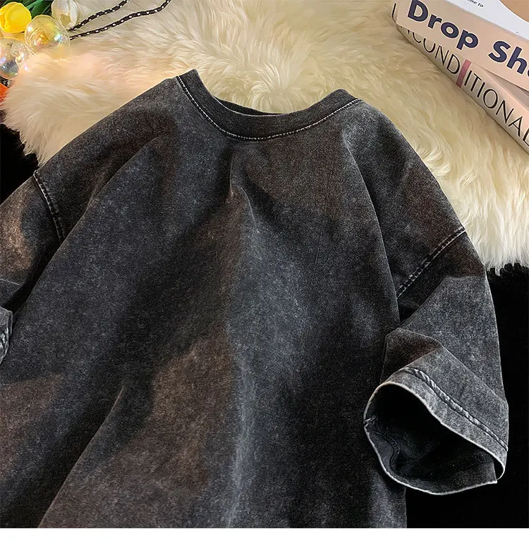 Quality Oversized Acid Washed T Shirt Men Vintage T-Shirts Streetwear Mineral Wash Tee Shirts Boy Woman Loose Luxury Brand Tops