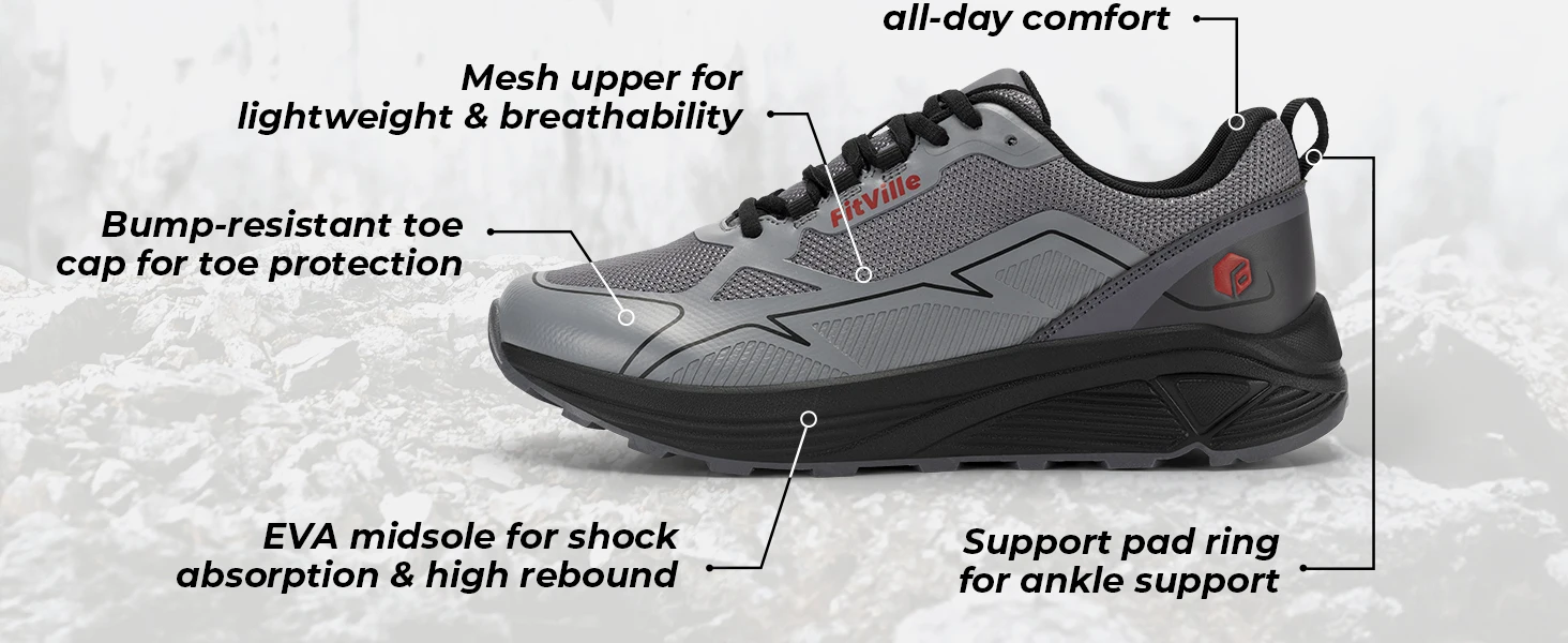 FitVille Trail Running Shoes for Men Wide Toe Box Walking Shoes Comfortable Non-Slip Sports Sneakers for Flat Feet Relief Pain