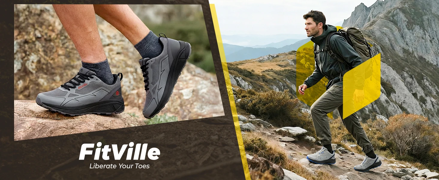 FitVille Trail Running Shoes for Men Wide Toe Box Walking Shoes Comfortable Non-Slip Sports Sneakers for Flat Feet Relief Pain