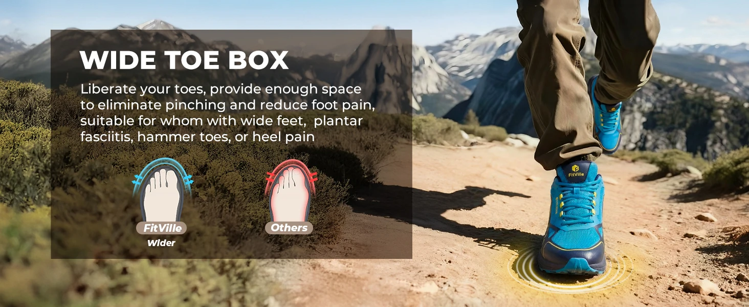 FitVille Trail Running Shoes for Men Wide Toe Box Walking Shoes Comfortable Non-Slip Sports Sneakers for Flat Feet Relief Pain