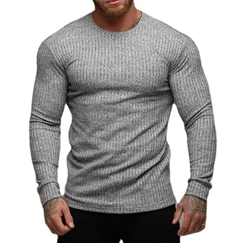 Running Long Sleeve Plain Gym T-Shirts Mens Fitness Slim Fit Sports Strips Shirts Knitted Breathable Quick Dry Autumn Clothing