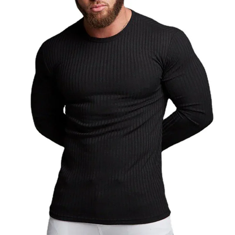 Running Long Sleeve Plain Gym T-Shirts Mens Fitness Slim Fit Sports Strips Shirts Knitted Breathable Quick Dry Autumn Clothing