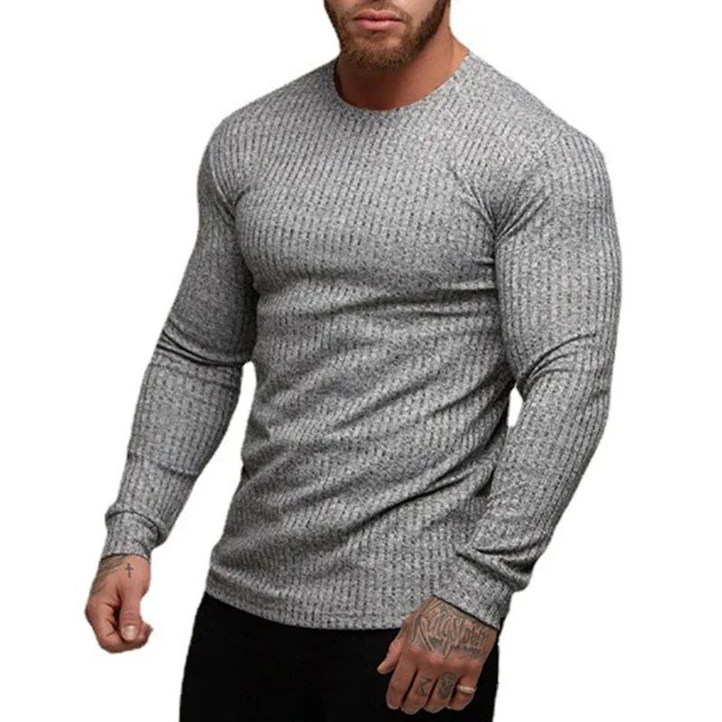 Running Long Sleeve Plain Gym T-Shirts Mens Fitness Slim Fit Sports Strips Shirts Knitted Breathable Quick Dry Autumn Clothing