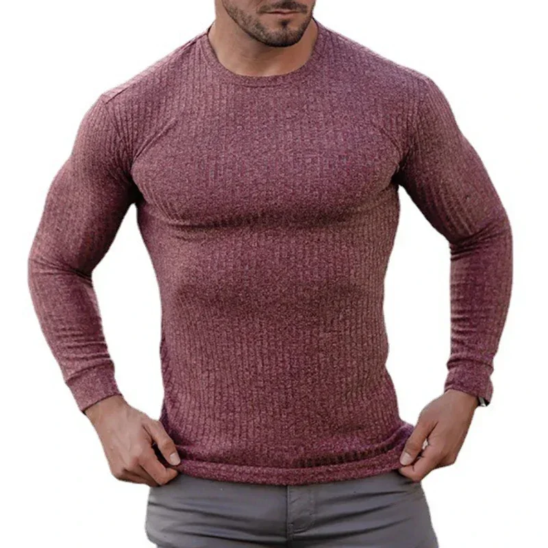 Running Long Sleeve Plain Gym T-Shirts Mens Fitness Slim Fit Sports Strips Shirts Knitted Breathable Quick Dry Autumn Clothing