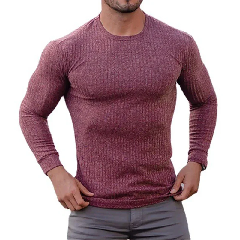 Running Long Sleeve Plain Gym T-Shirts Mens Fitness Slim Fit Sports Strips Shirts Knitted Breathable Quick Dry Autumn Clothing