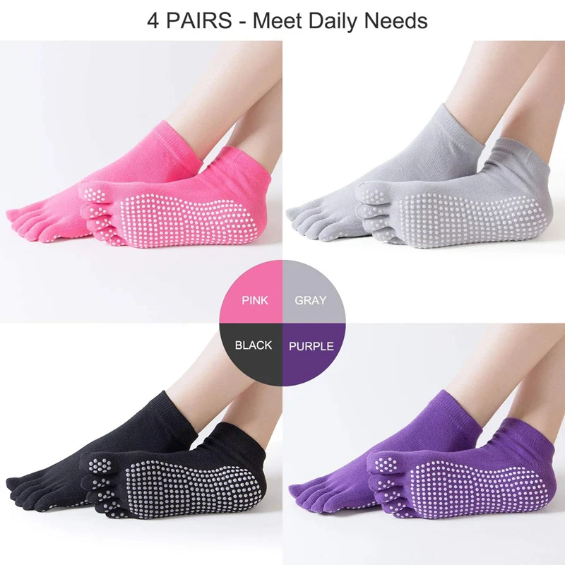 4 Pairs Women Anti-slip Yoga Socks Fingers Fitness Pilates Socks Gym Five Toe Sport Socks Cotton Colourful Elastic Winter