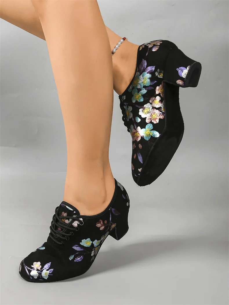 Print High Heel Dance Shoes Sneakers For Women Ballroom Latin Dance Shoes Adult Close Toe Teacher Training Shoes Oxford Sneakers